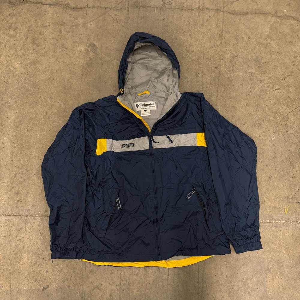 Columbia Mens Hooded Windbreaker Jacket Navy Blue Yellow Colorblock Large L